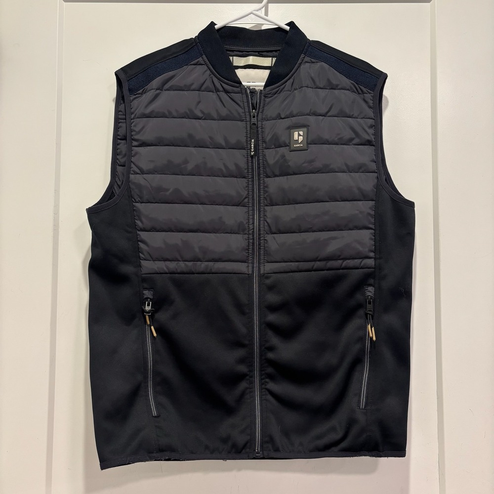 Garcia Mens Puffer Vest Navy Blue Black Hybrid Quilted Full Zip Jacket Size M